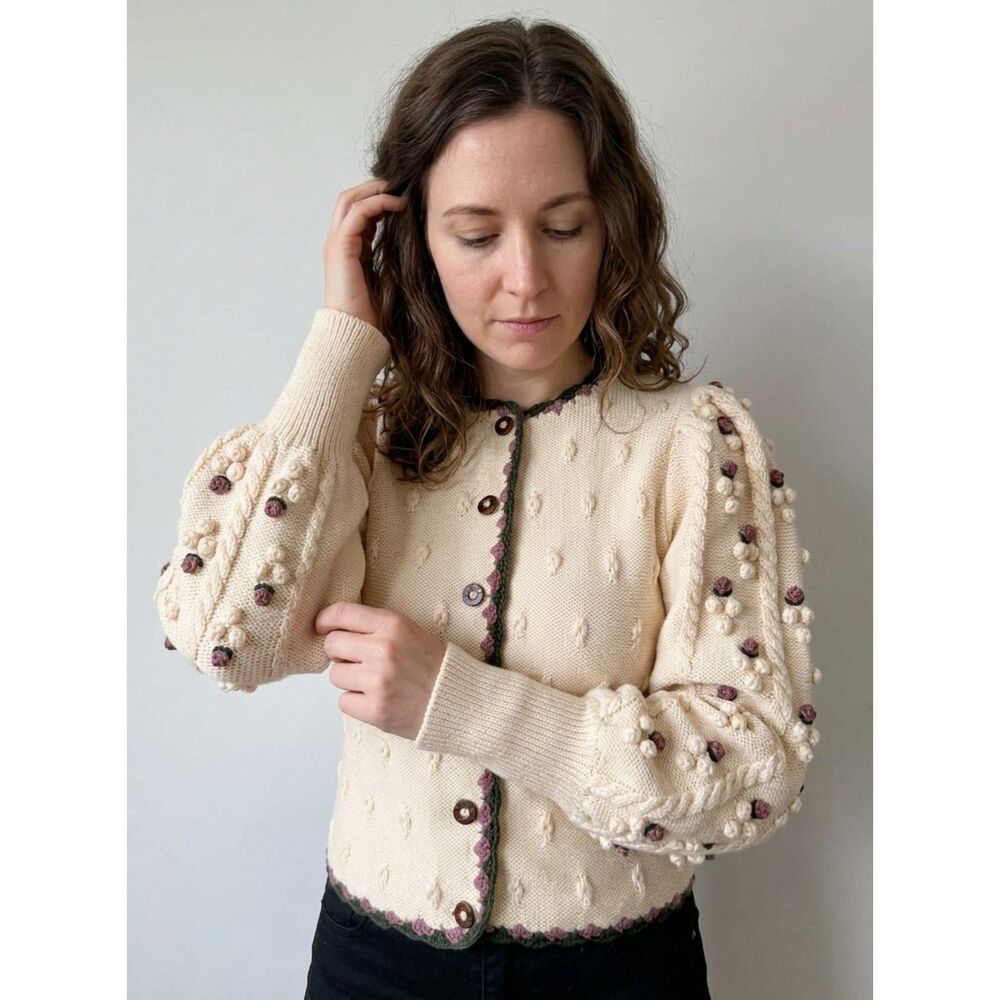 Astrifa VTG Cream Austrian Trachten Popcorn Cable Knit Puff Sleeve Cardigan 42
